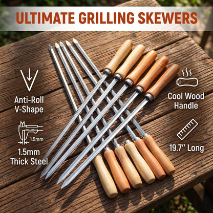 IMEEA Stainless Steel Kabob Sticks highlighting durable flat design, rounded wooden grip and easy piercing pointed end