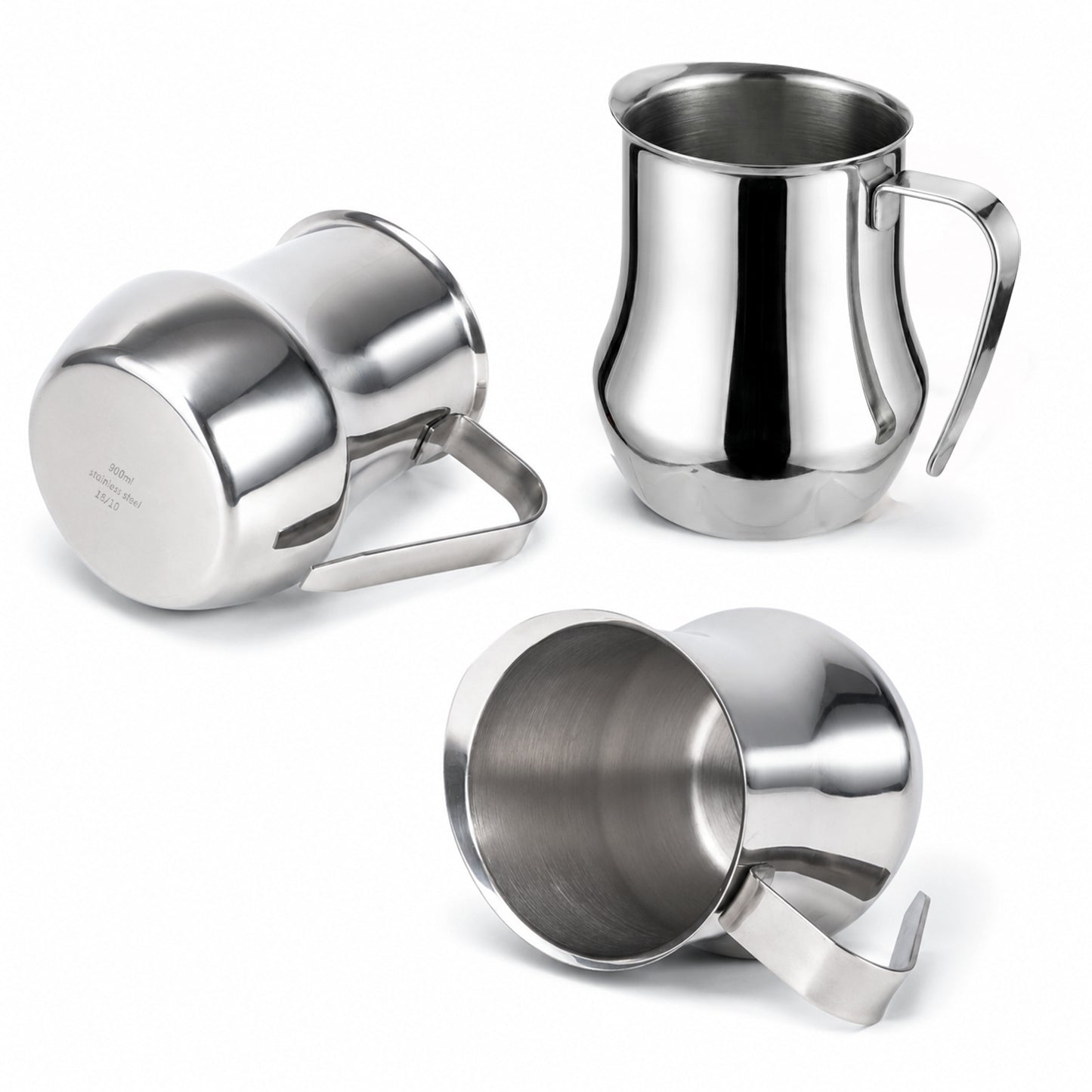 18/10 Stainless Steel Milk Frothing Pitcher with multiple views showcasing the design and details