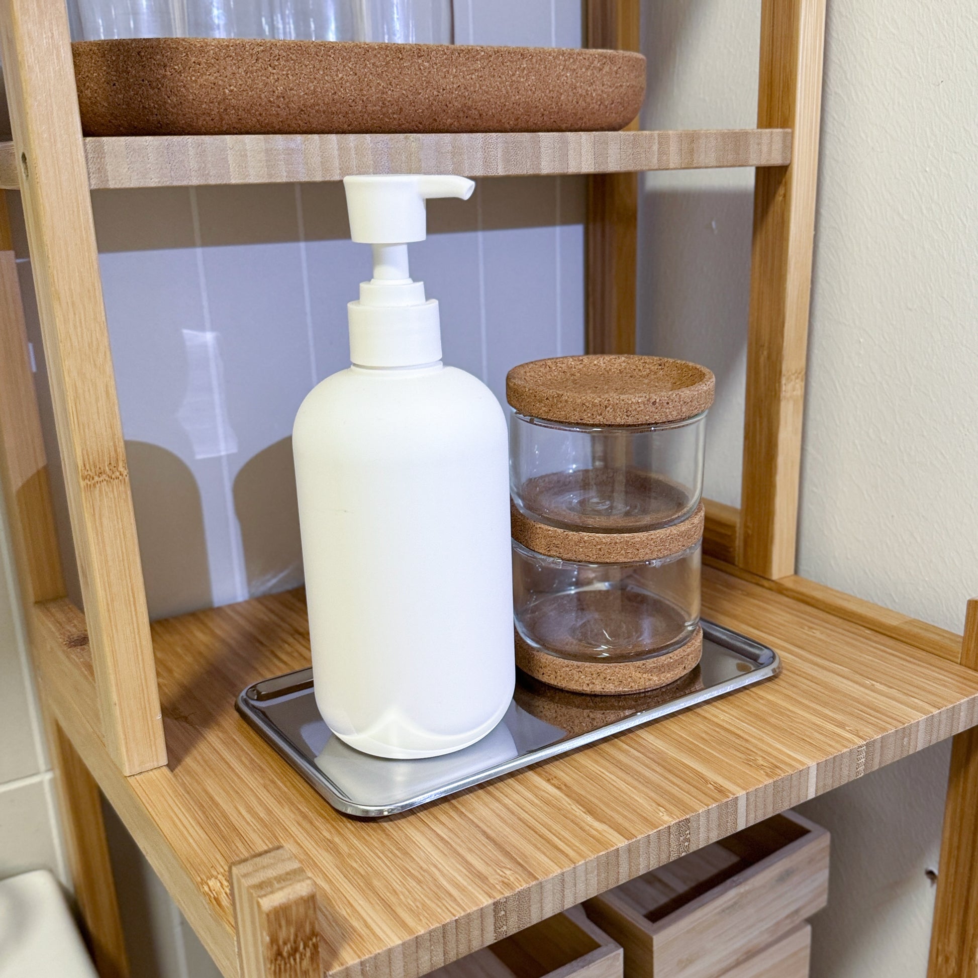 SUS304 Stainless Steel Decorative Tray holding daily essentials on a storage shelf