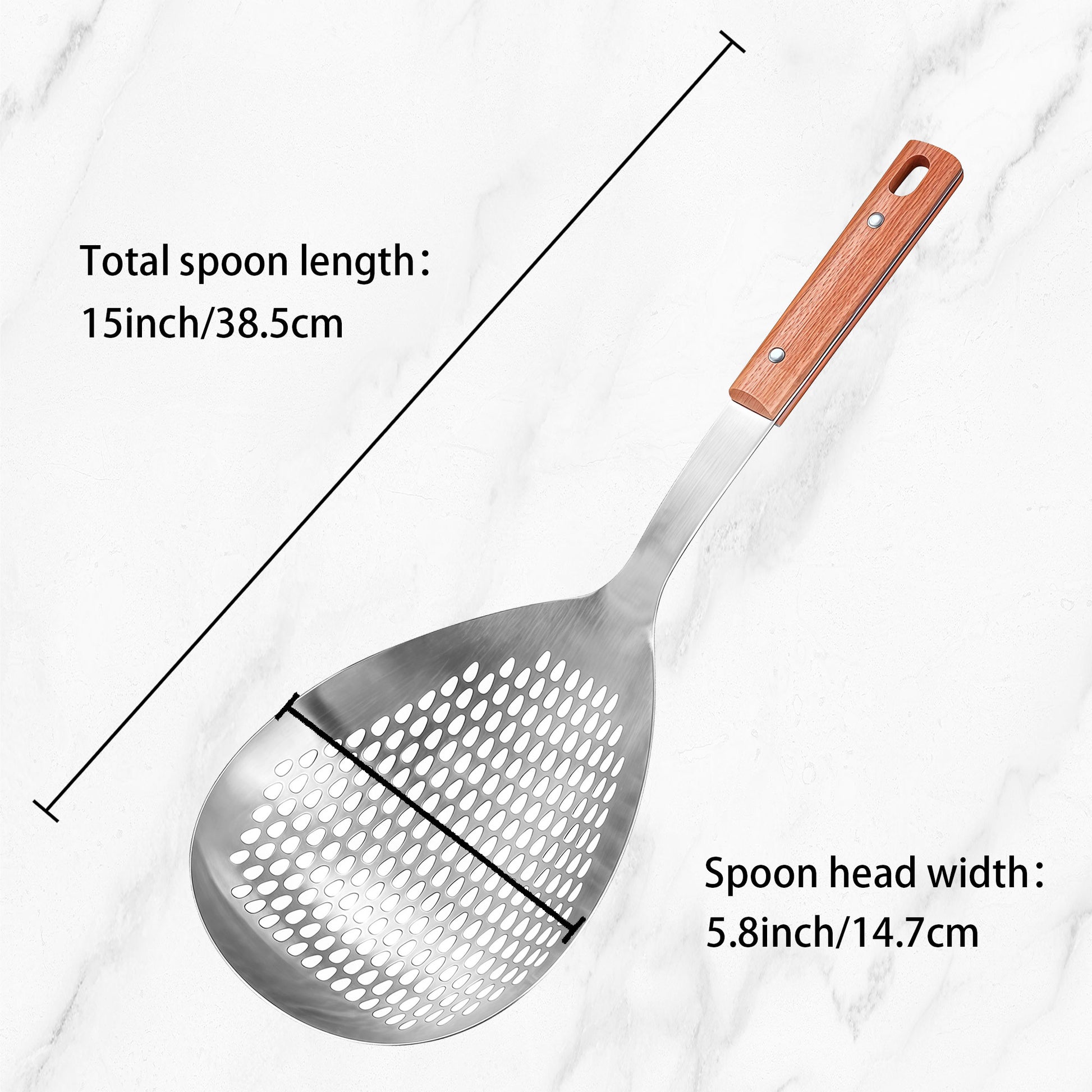 Large stainless steel skimmer ladle with a 15-inch total length and 5.8-inch spoon head width