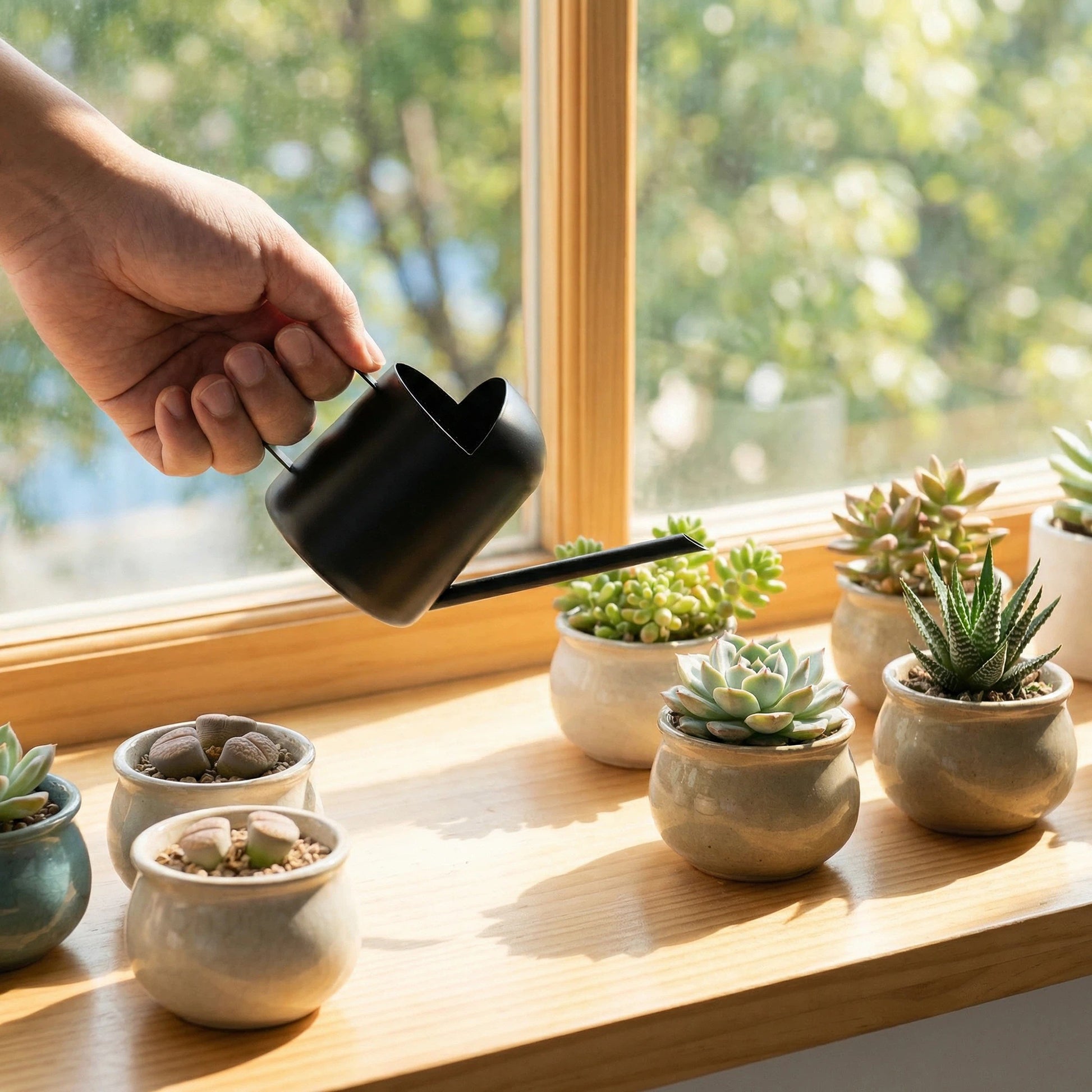 Mini Black Stainless Steel Watering Can watering succulents on a balcony