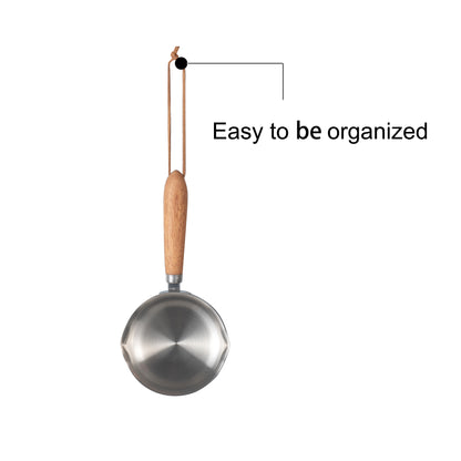 IMEEA Mini Stainless Steel Sauce Pan featuring a hanging loop on the wooden handle for convenient storage