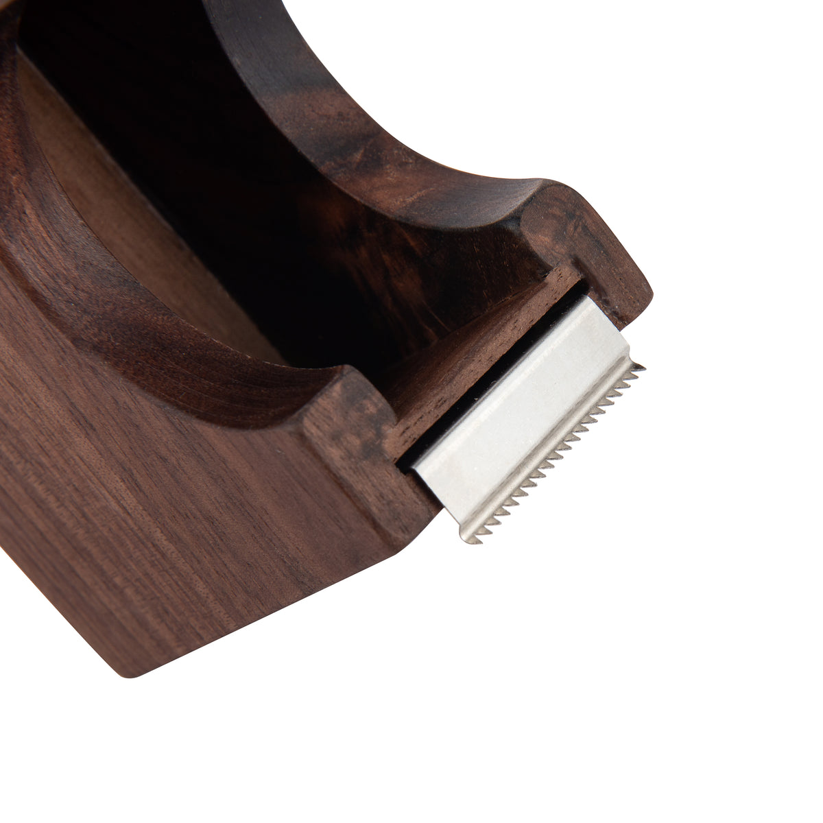 IMEEA Natural Walnut Wood Tape Dispenser close-up of sharp cutting blade detail