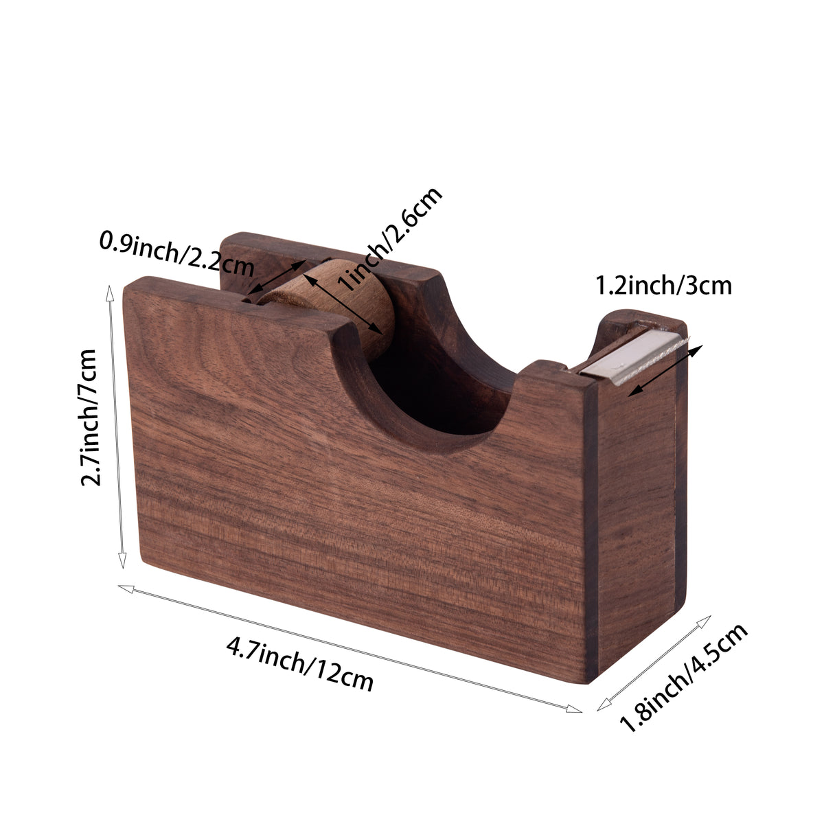 IMEEA Natural Walnut Wood Tape Dispenser with size measurements for product reference