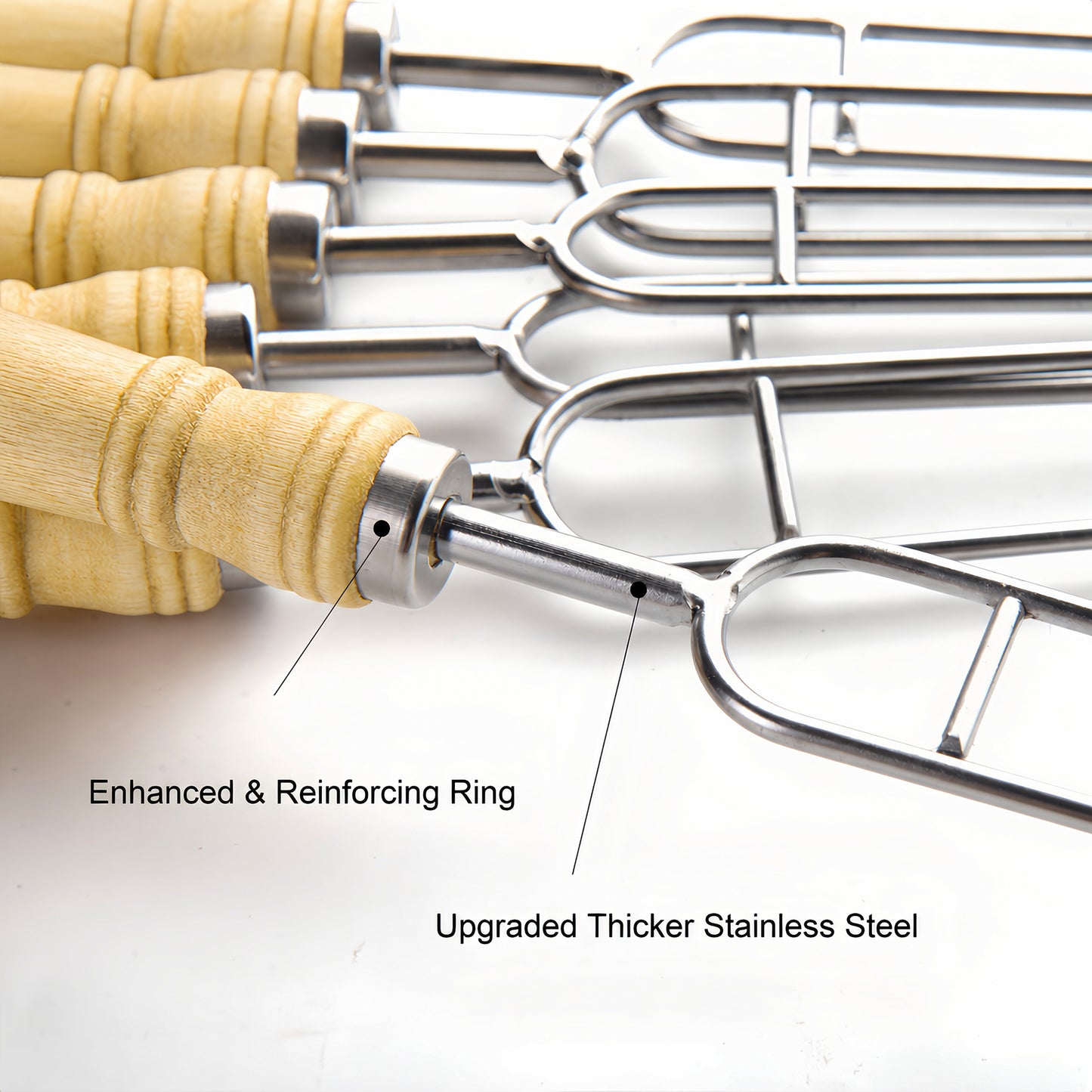 Stainless Steel BBQ Skewers featuring a reinforced handle connection with sturdy thick steel construction