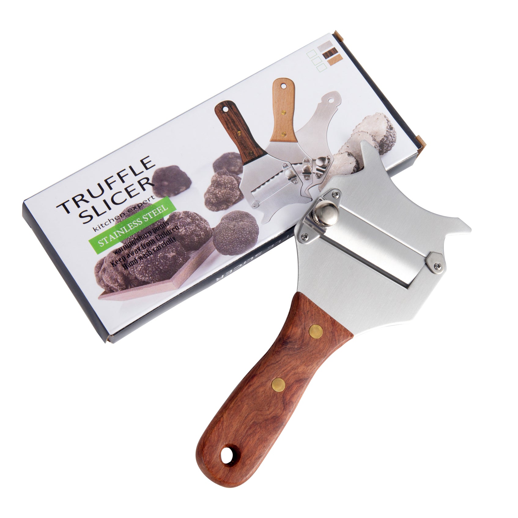 IMEEA Stainless Steel Truffle Slicer with Wood Handle displayed with its packaging box