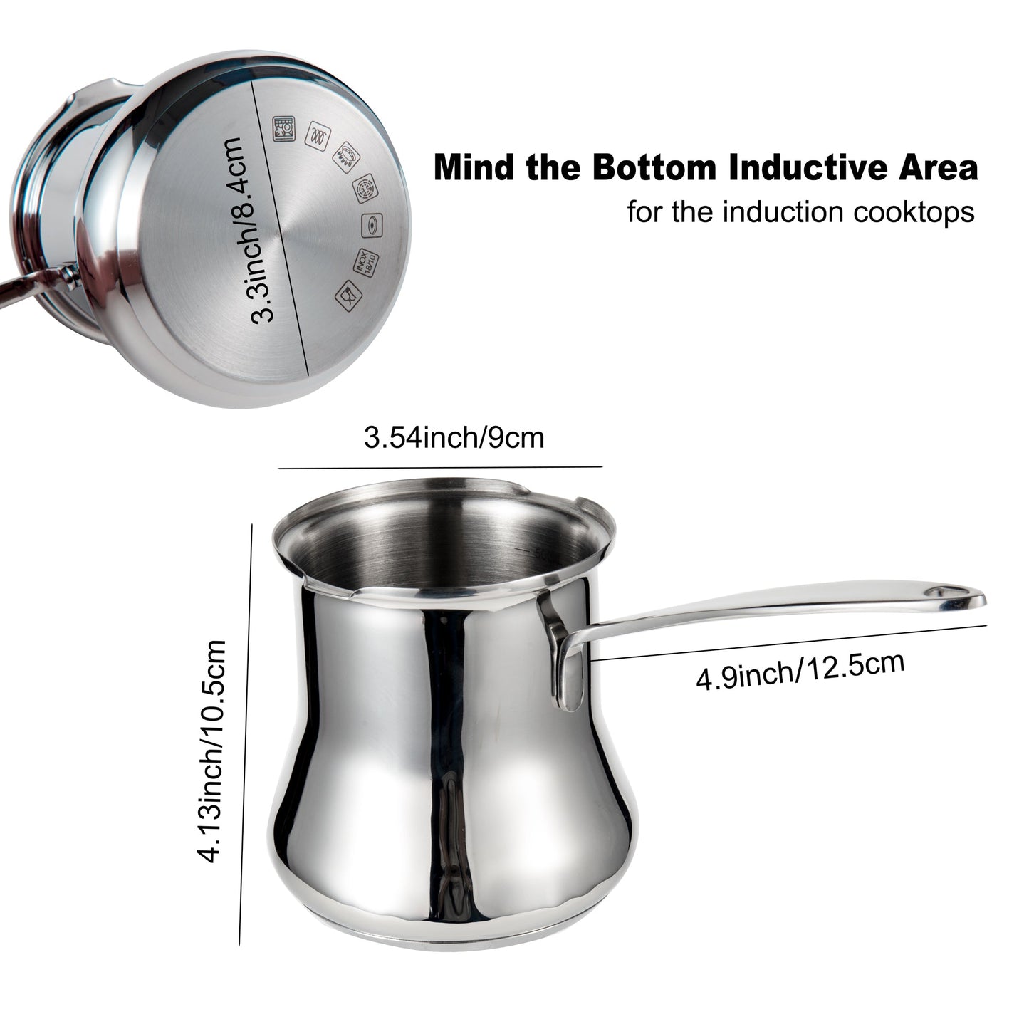 18/10 Stainless Steel Turkish Coffee Pot with 3.3-inch base diameter and 4.13-inch height
