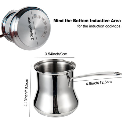 18/10 Stainless Steel Turkish Coffee Pot with 3.3-inch base diameter and 4.13-inch height