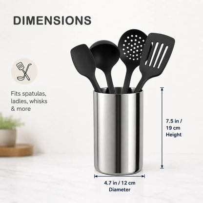 Large stainless steel utensil holder measuring 4.7 inches wide and 7.5 inches high for spatulas ladles and tongs