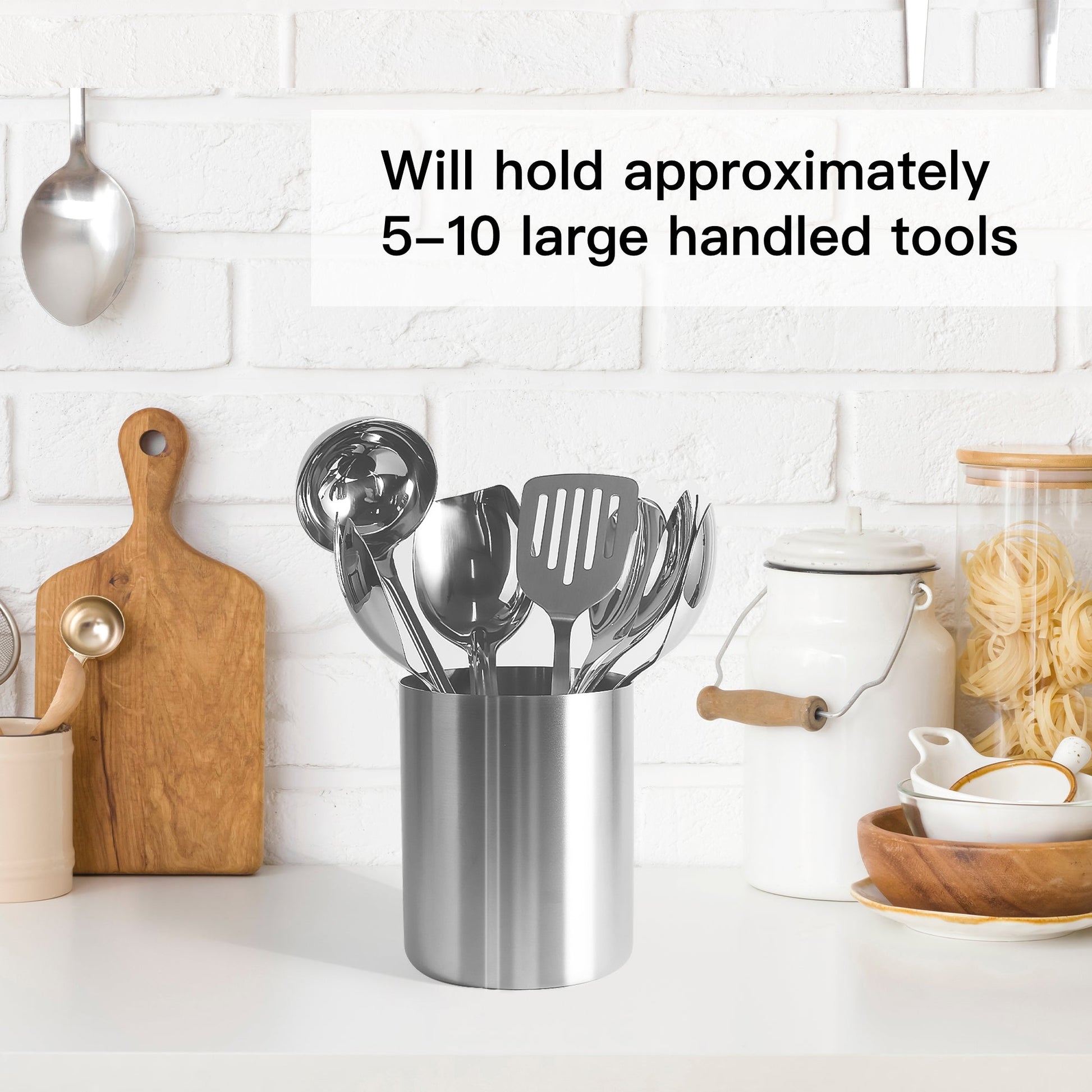 Large Stainless Steel Utensil Holder holds approximately 5-10 large handle kitchen tools for easy organization
