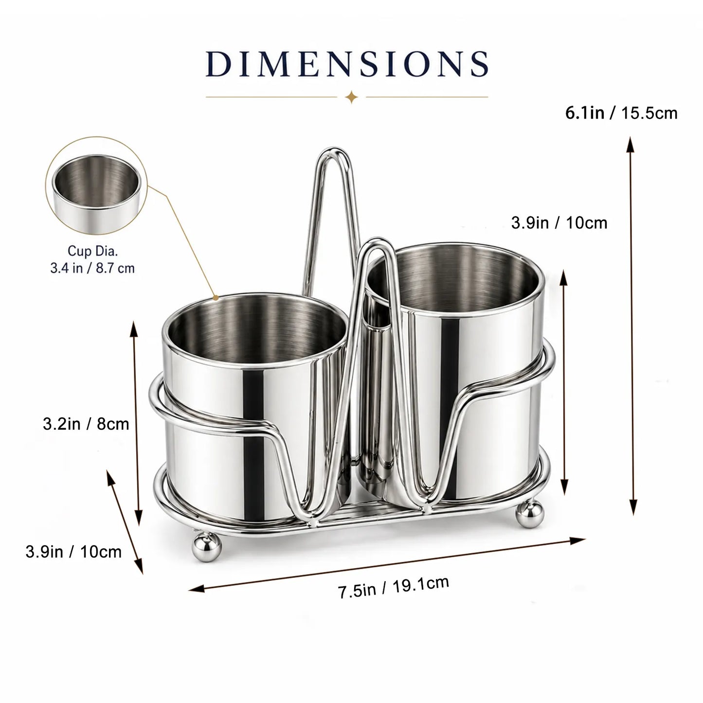 IMEEA Countertop Utensil Organizer measurement guide with overall height, base length and dual compartment sizes