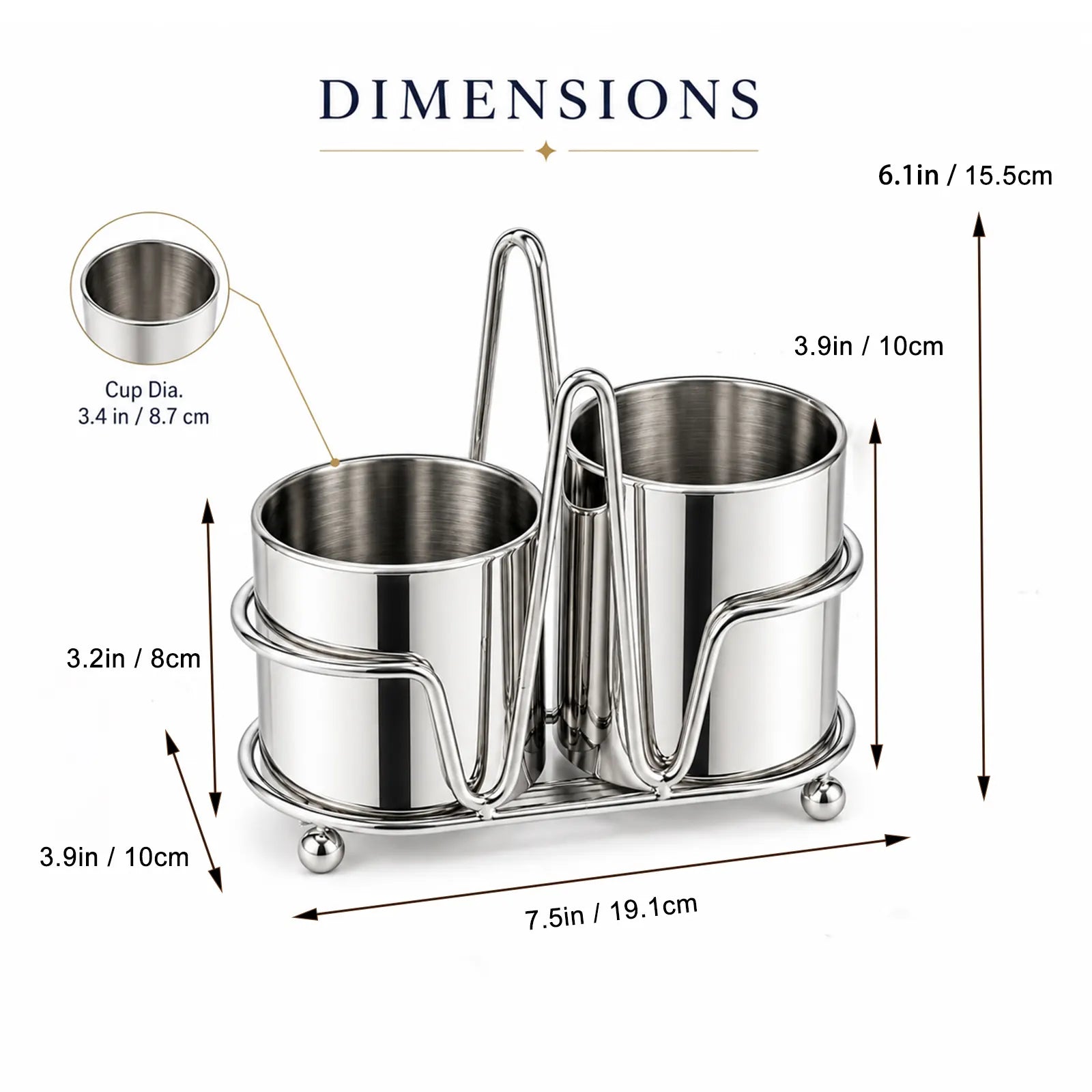 IMEEA Countertop Utensil Organizer measurement guide with overall height, base length and dual compartment sizes