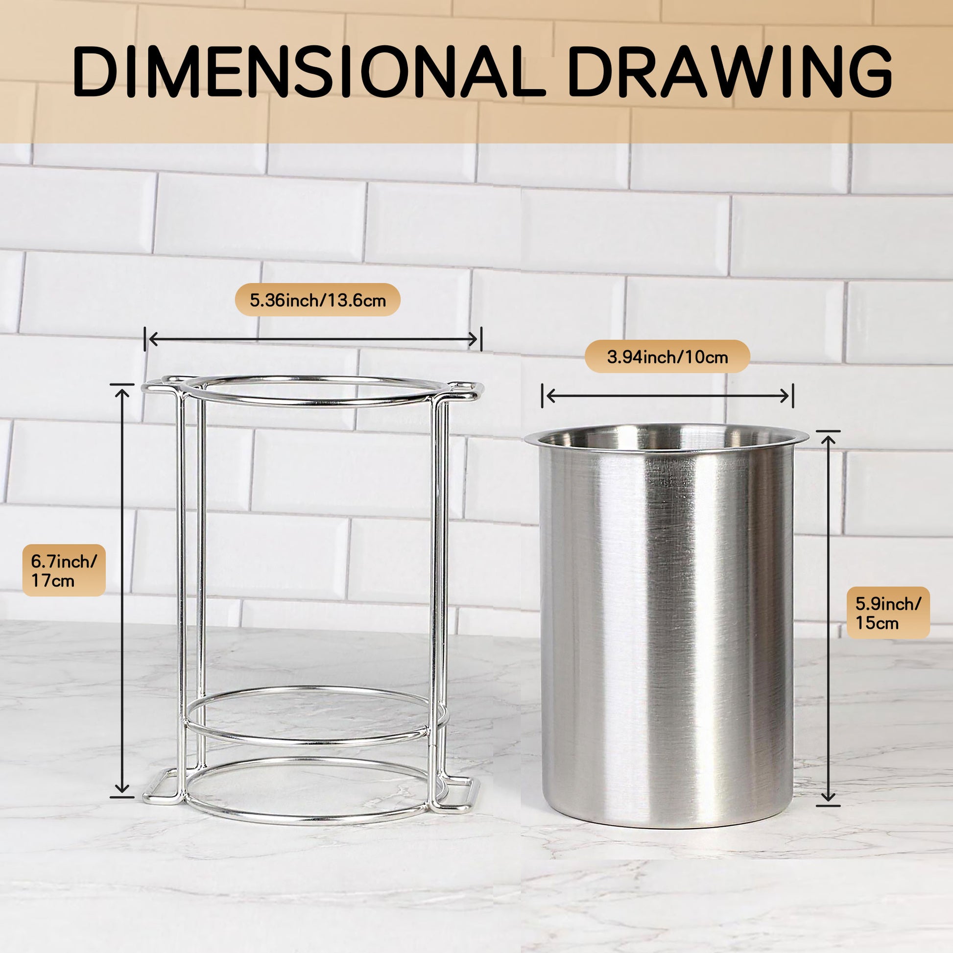 Stainless steel utensil holder measuring 3.94 inches wide and 5.9 inches high with a 6.7-inch elevated rack