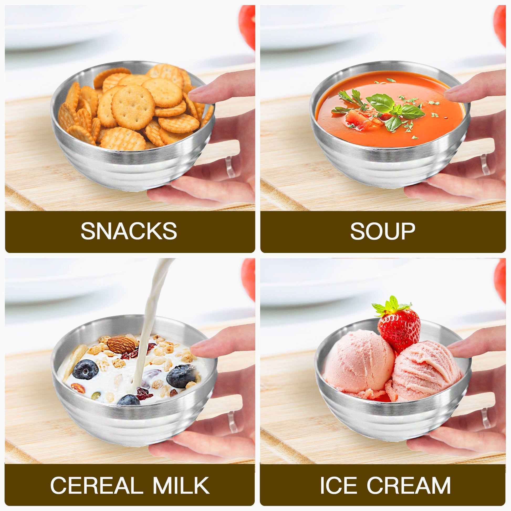 Stainless Steel Bowls for Versatile Serving of Snacks, Soup, Cereal, and Ice Cream