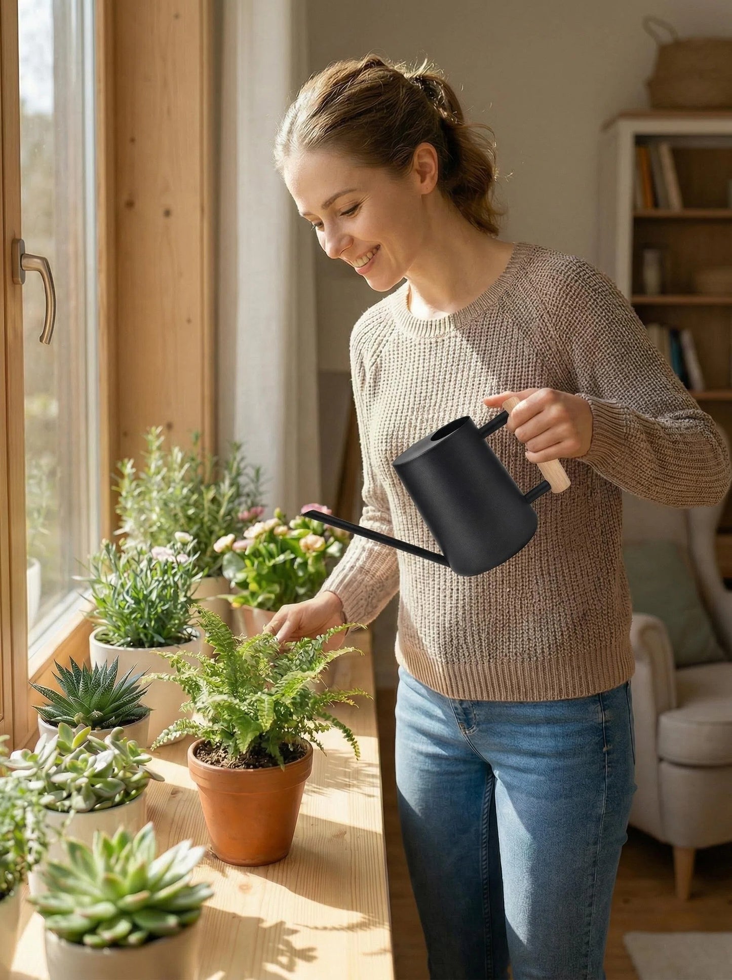 IMEEA Watering Can for Indoor Plants Stainless Steel Modern Watering Can with Long Spout and Wooden Handle, 35Oz