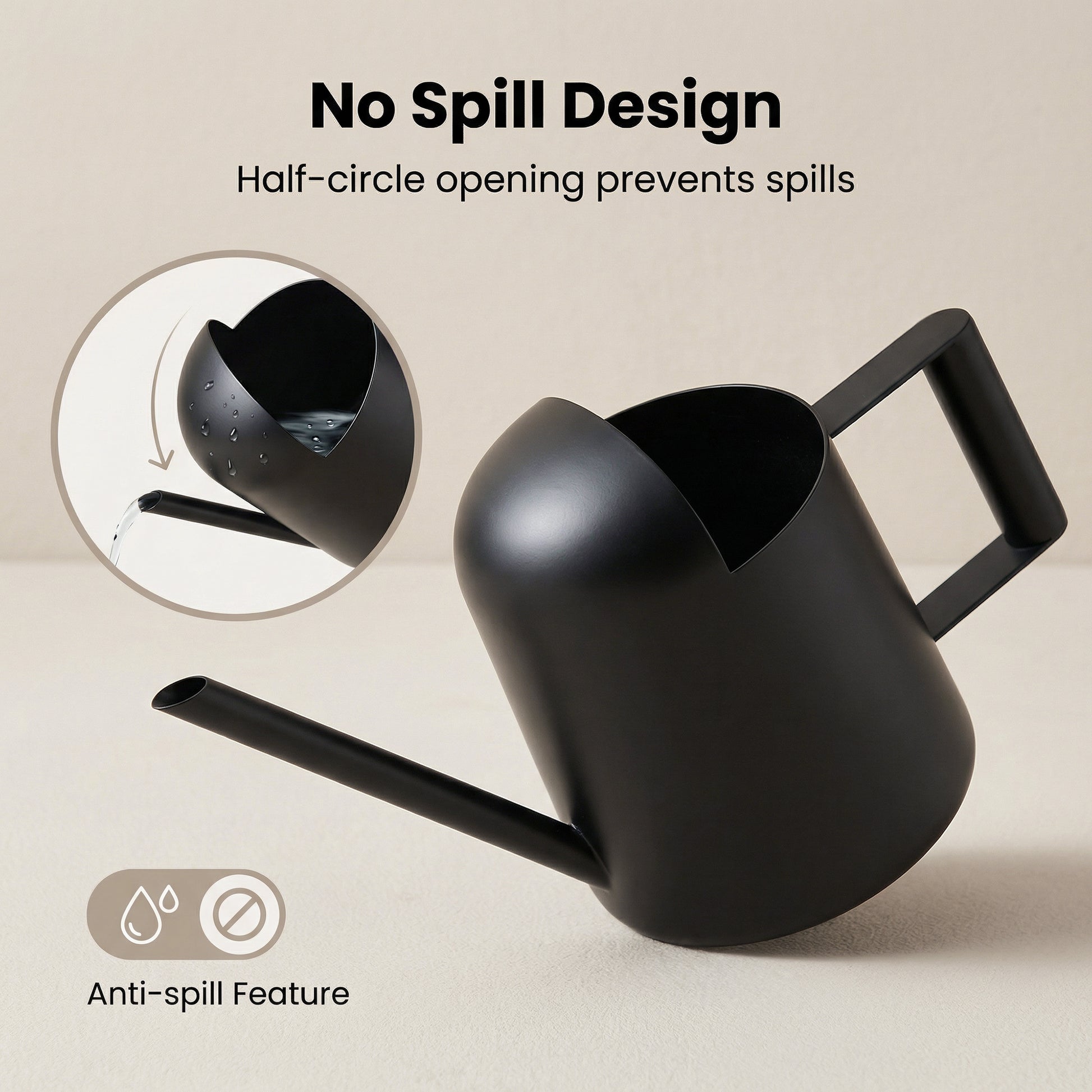 Black Stainless Steel Watering Can with semicircular spout design to reduce spills