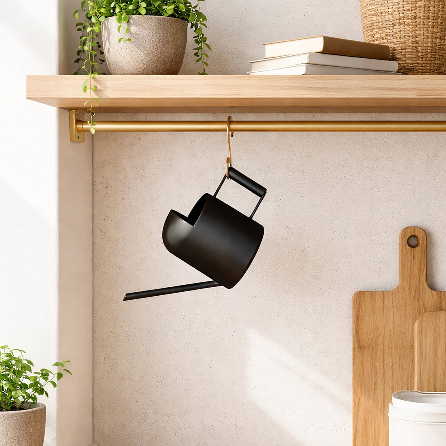 Watering Can with curved handle shown hanging for convenient storage