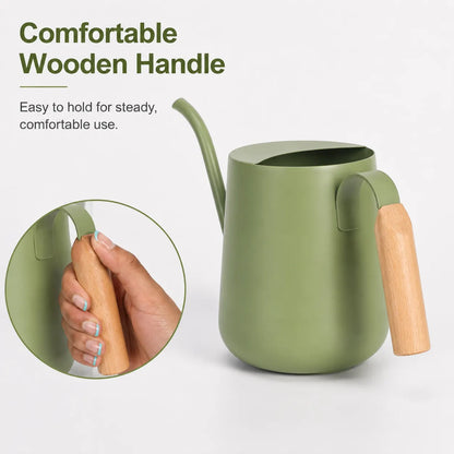 Watering Can with a comfortable wooden handle featuring a rounded shape for a secure and easy grip