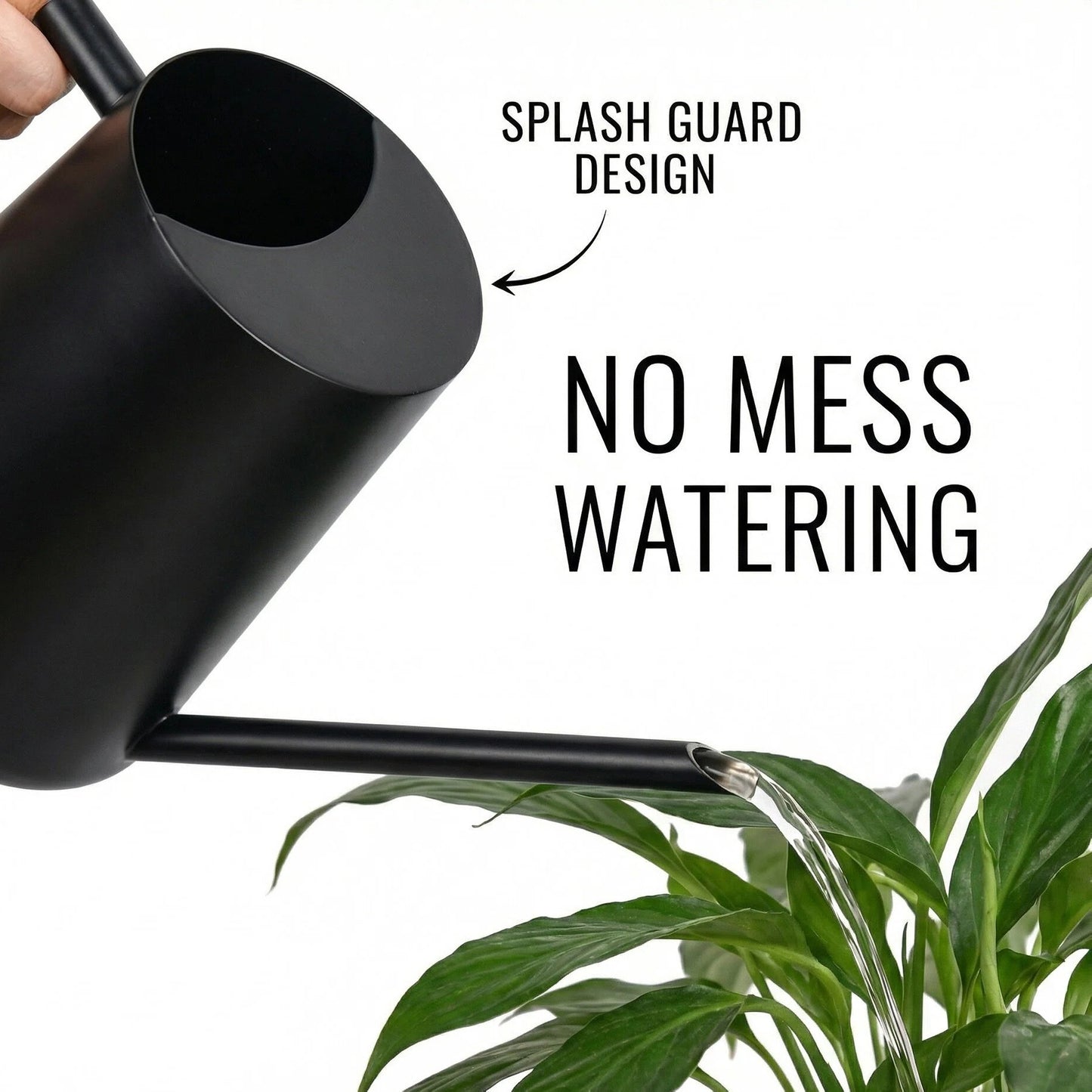 Splash Guard Design Stainless Steel Watering Can with Long Spout and Wooden Handle for Indoor Plants