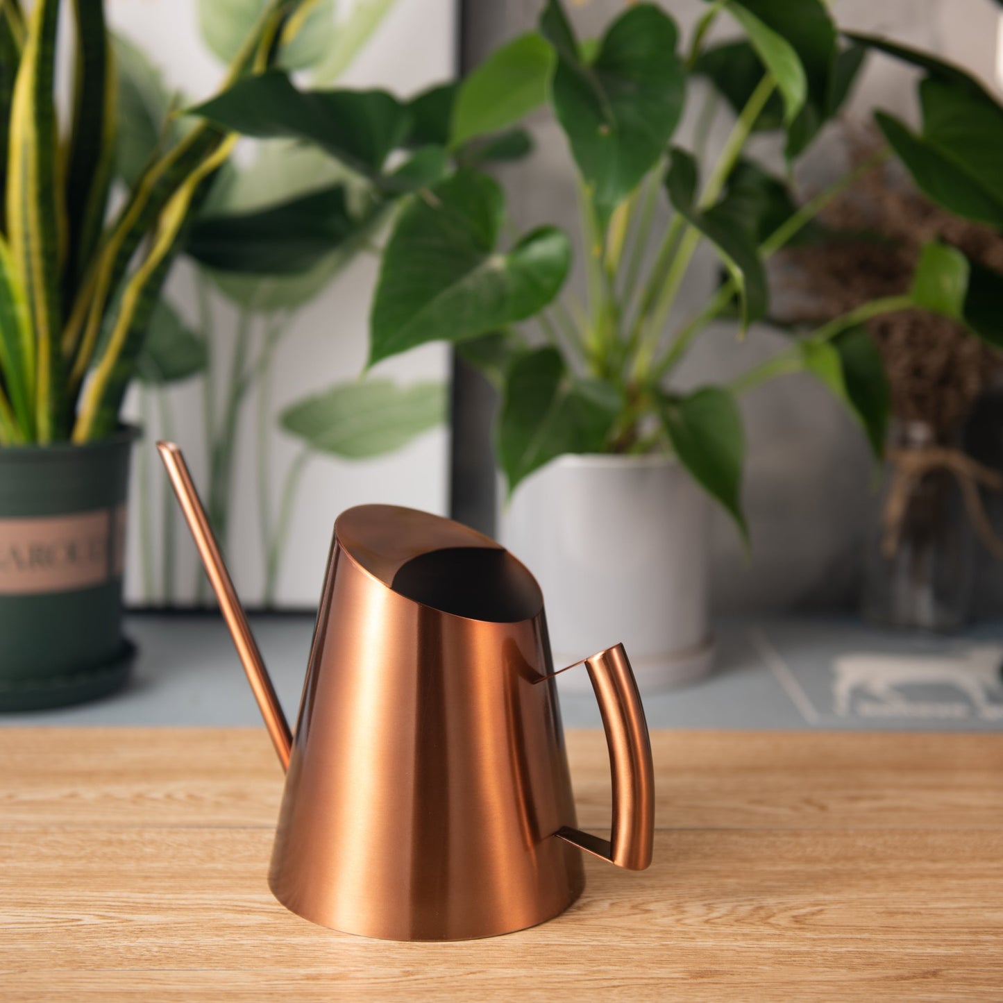 Modern IMEEA copper finish stainless steel indoor watering can displayed on an indoor table