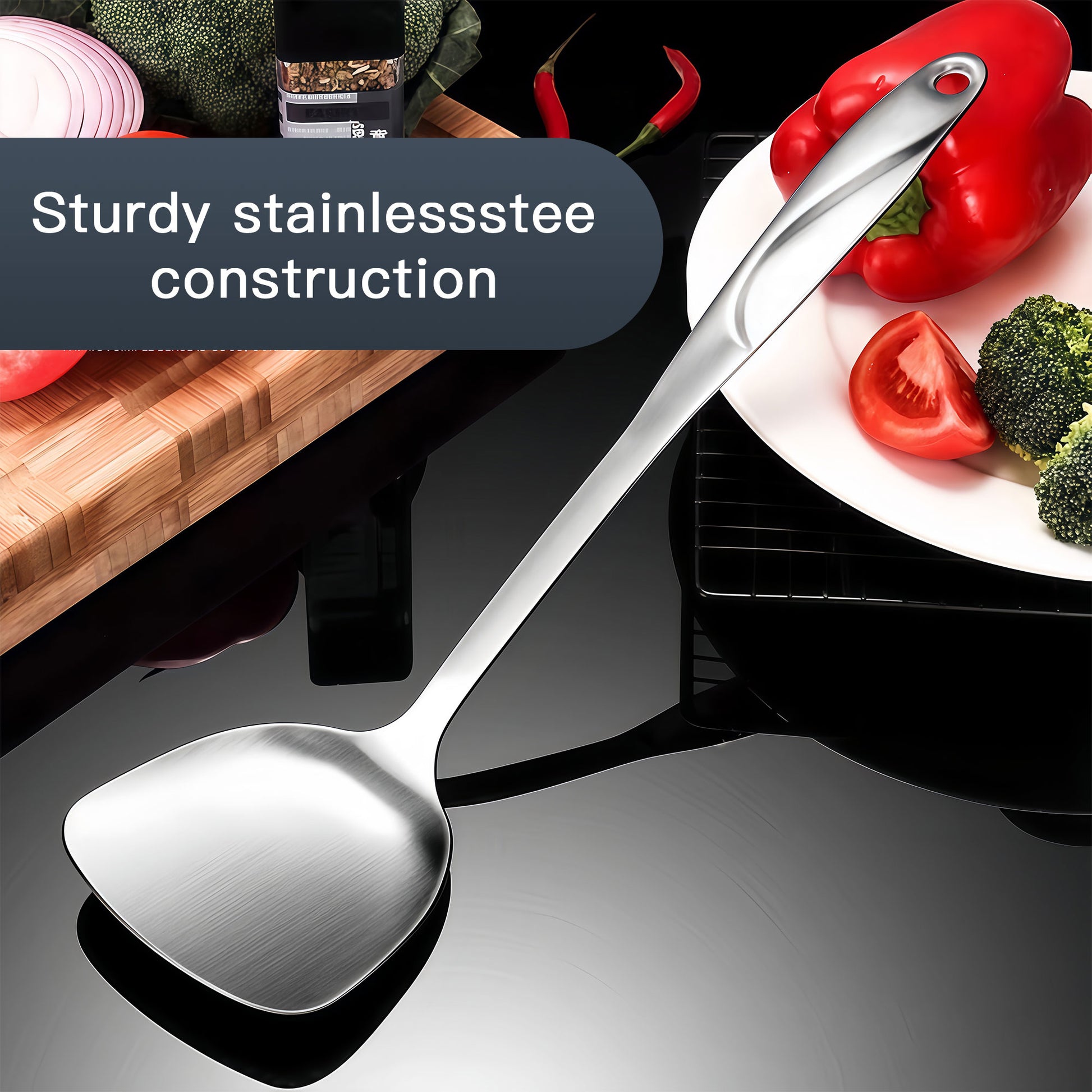 Sturdy 15-Inch SUS304 Stainless Steel Wok Spatula with Durable Construction for Cooking