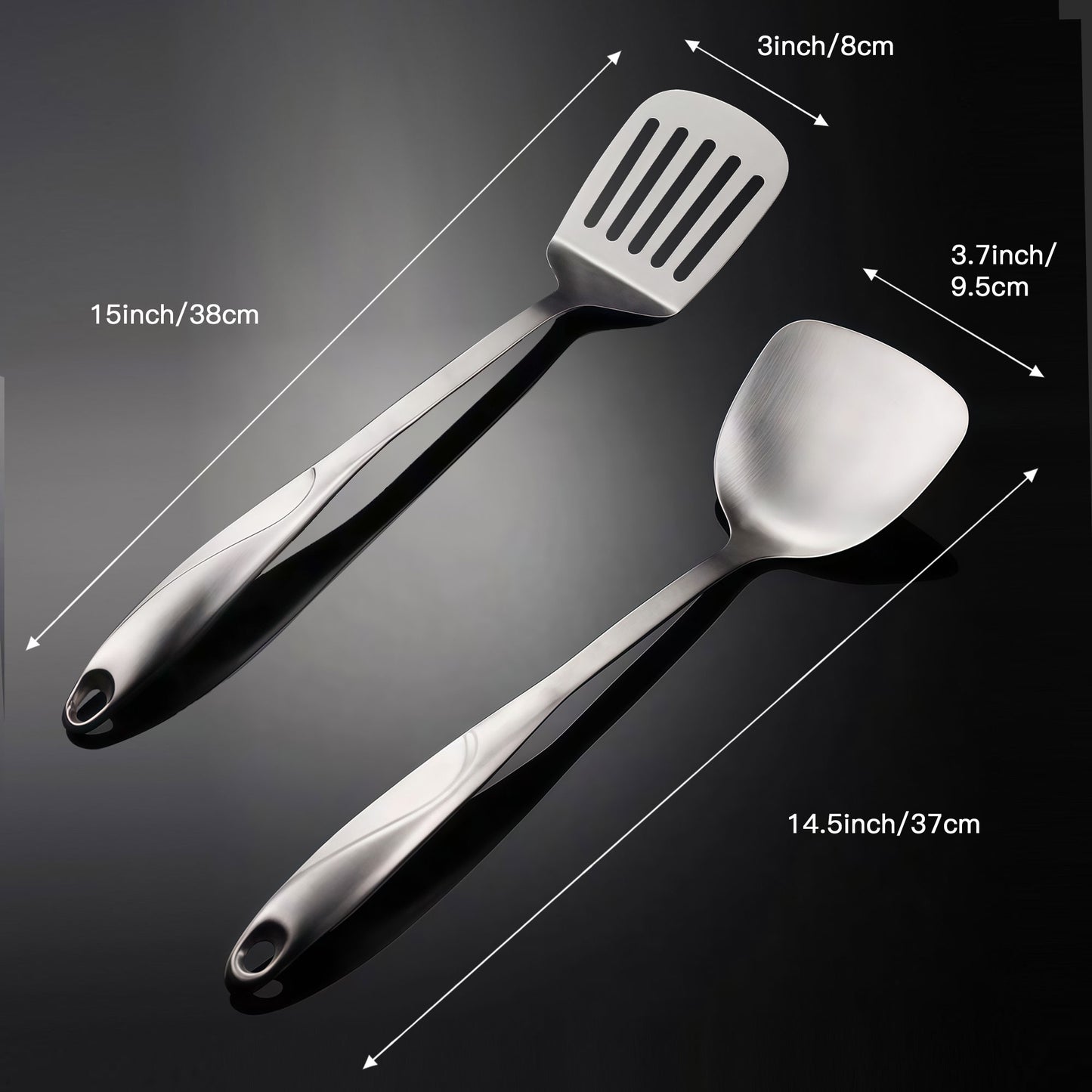 IMEEA stainless steel spatula set featuring a 15-inch slotted turner and 14.5-inch metal wok spatula