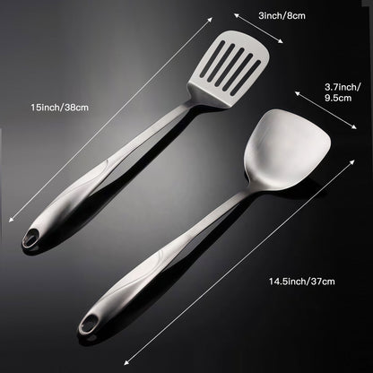 IMEEA stainless steel spatula set featuring a 15-inch slotted turner and 14.5-inch metal wok spatula