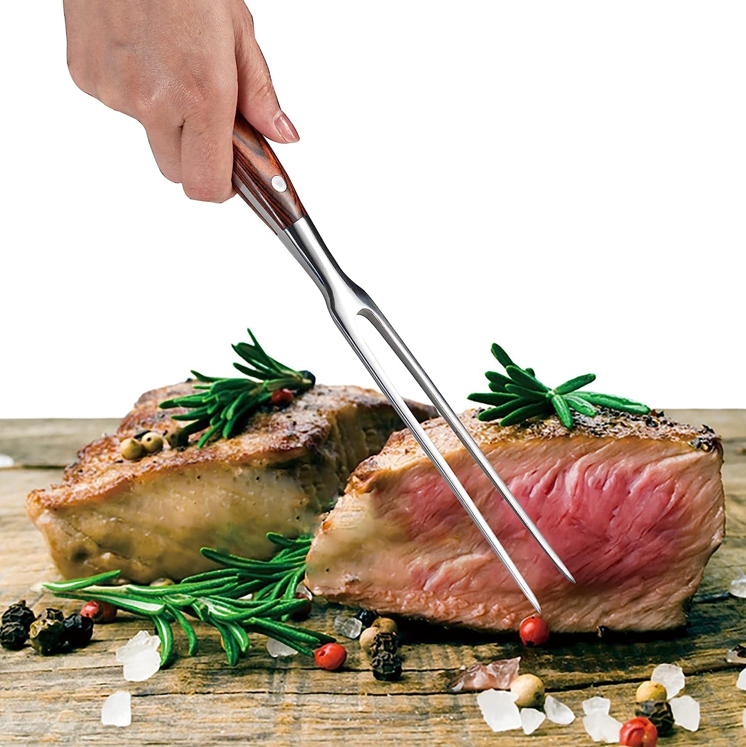 IMEEA stainless steel carving fork with wooden handle used for carving meat