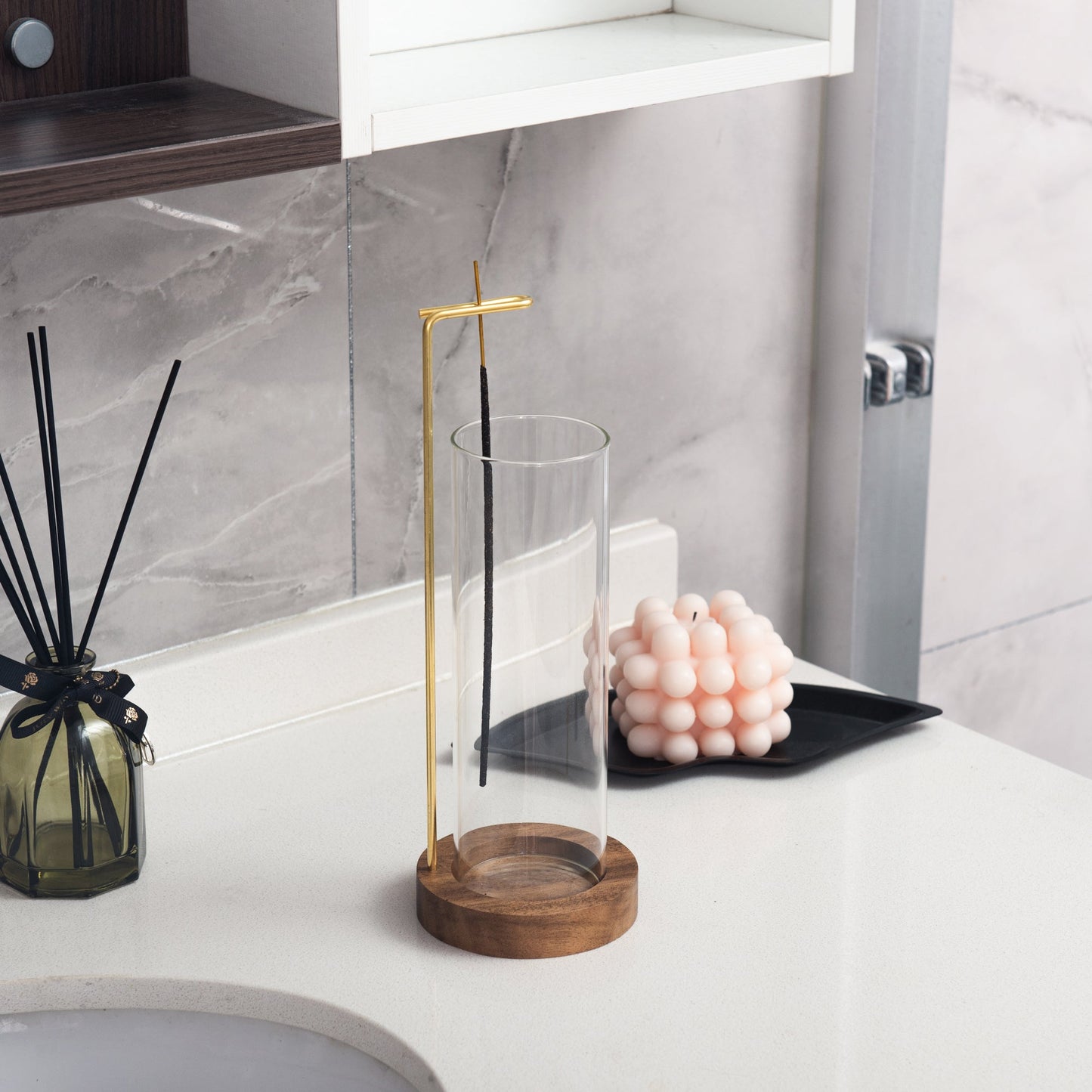 IMEEA Wooden Incense Stand with Glass Ash Catcher on bathroom countertop