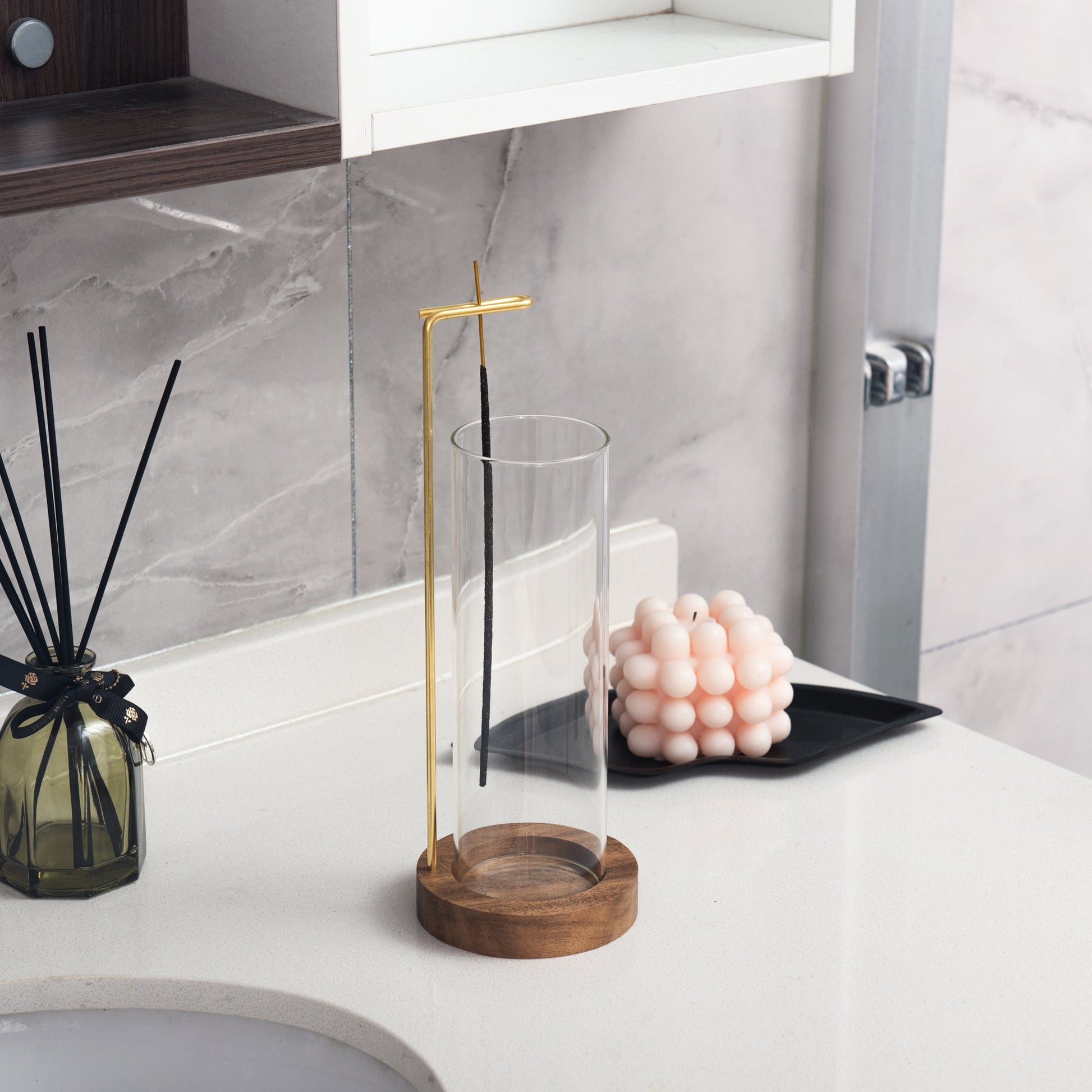 IMEEA Wooden Incense Stand with Glass Ash Catcher on bathroom countertop