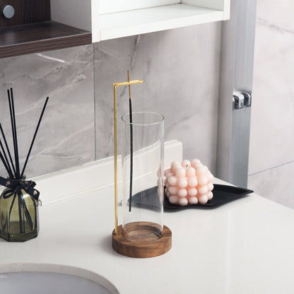 IMEEA Wooden Incense Stand with Glass Ash Catcher on bathroom countertop