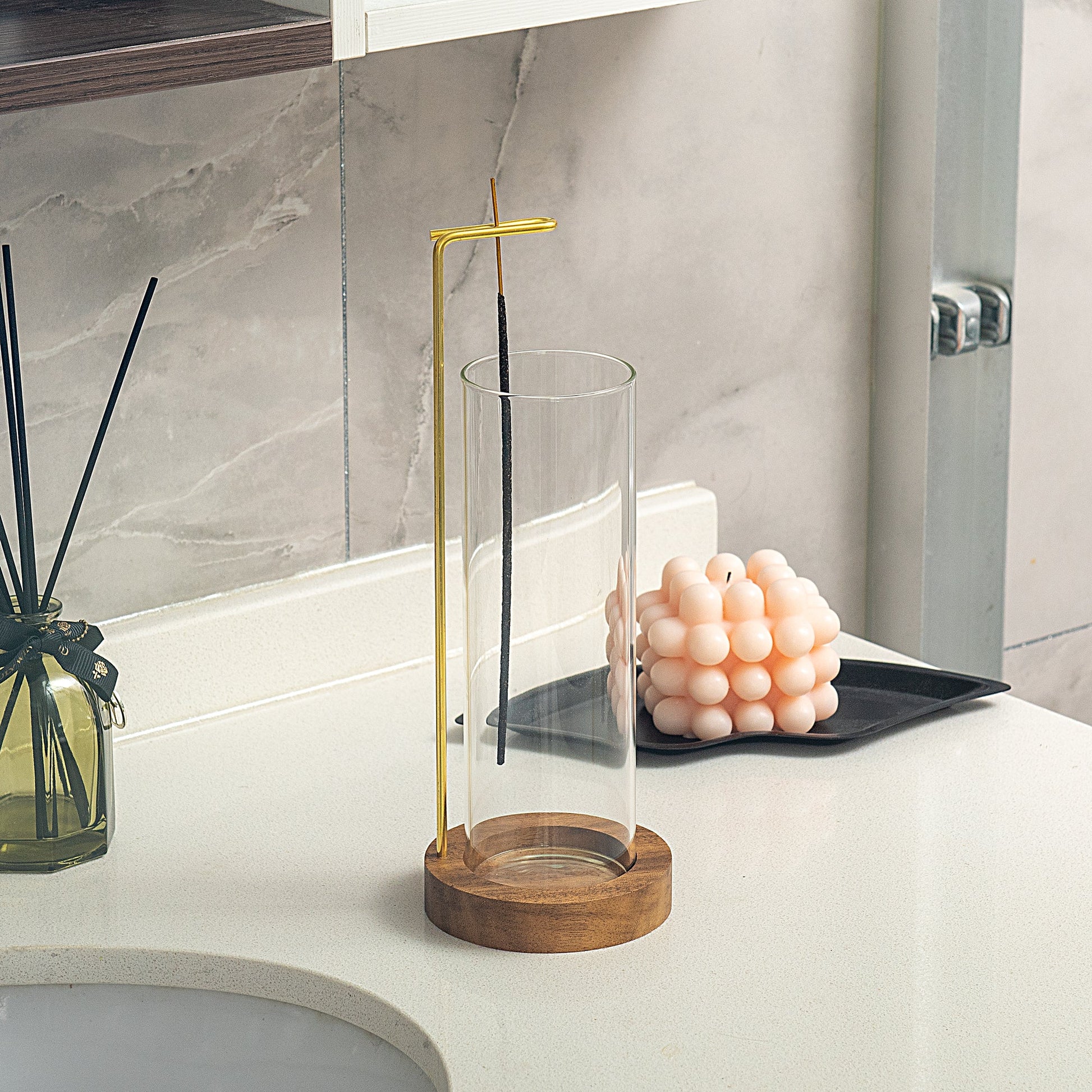IMEEA Wooden Incense Stand with Glass Ash Catcher on bathroom countertop
