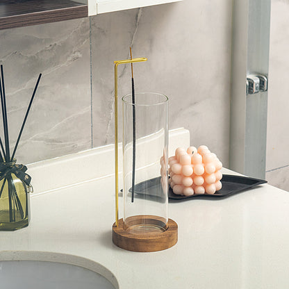 IMEEA Wooden Incense Stand with Glass Ash Catcher on bathroom countertop
