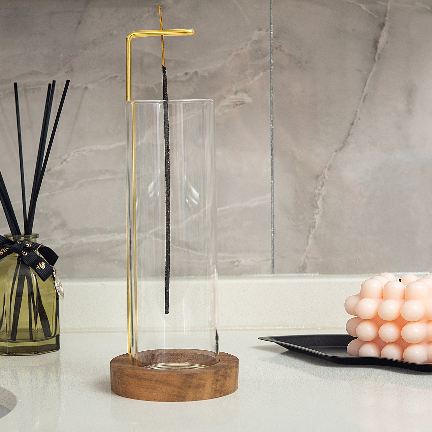 IMEEA Wooden Incense Stand with Glass Ash Catcher on bathroom countertop