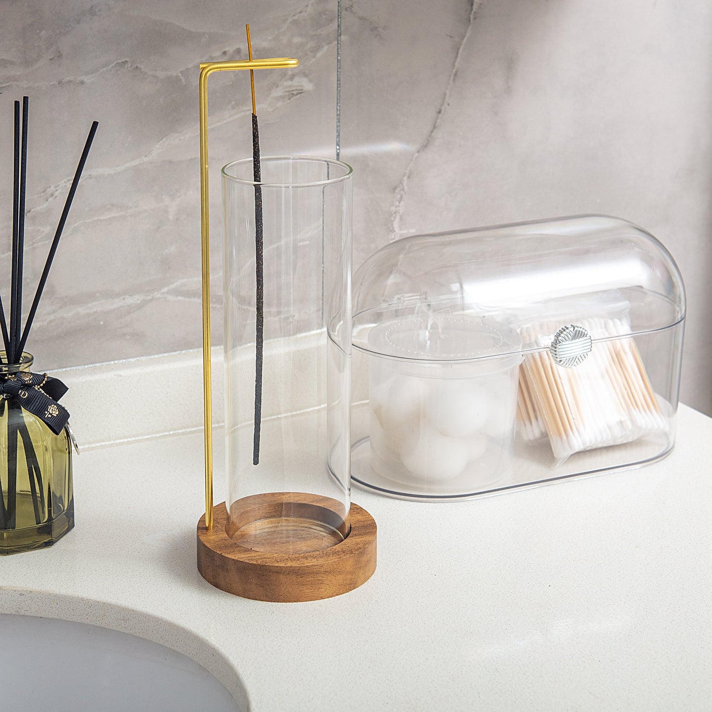 IMEEA Wooden Incense Stand with Glass Ash Catcher on bathroom countertop