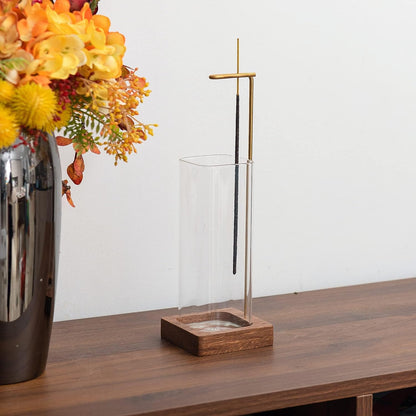 Wooden Incense Holder with Glass Ash Catcher on decorative tabletop