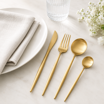IMEEA 304 Stainless Steel Flatware Set of 4, Brushed Gold / Silver Dinner Knife Fork Spoon Teaspoon Set