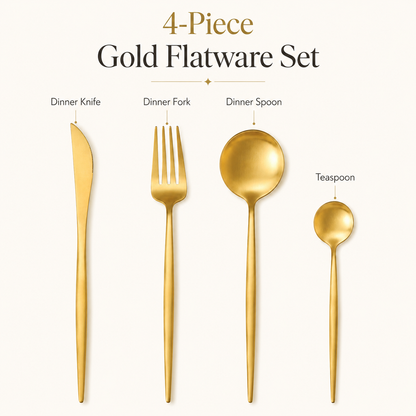 IMEEA 4-Piece 304 Stainless Steel Flatware Set, Brushed Gold / Silver Dinner Knife Fork Spoon Teaspoon Set