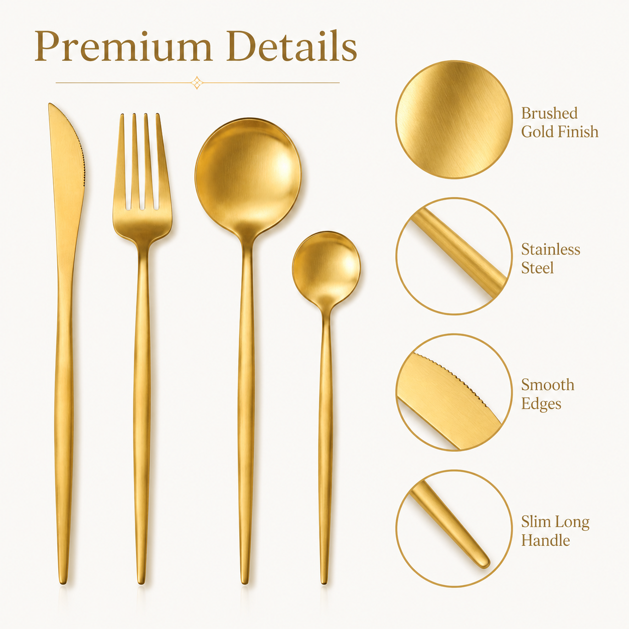 IMEEA 4-Piece 304 Stainless Steel Flatware Set, Brushed Gold / Silver Dinner Knife Fork Spoon Teaspoon Set