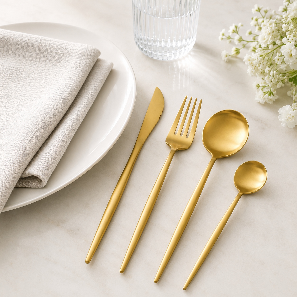 IMEEA 4-Piece 304 Stainless Steel Flatware Set, Brushed Gold / Silver Dinner Knife Fork Spoon Teaspoon Set