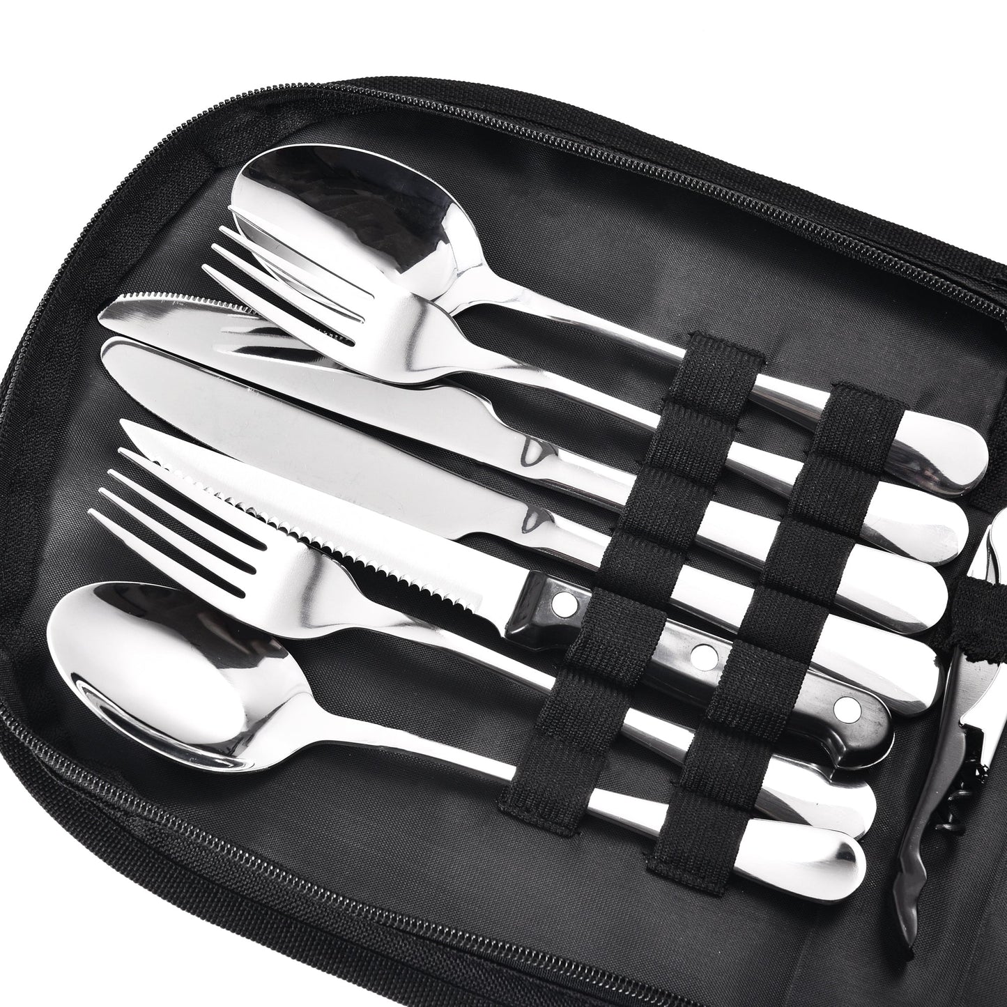 IMEEA camping silverware kit stored in the carrying bag