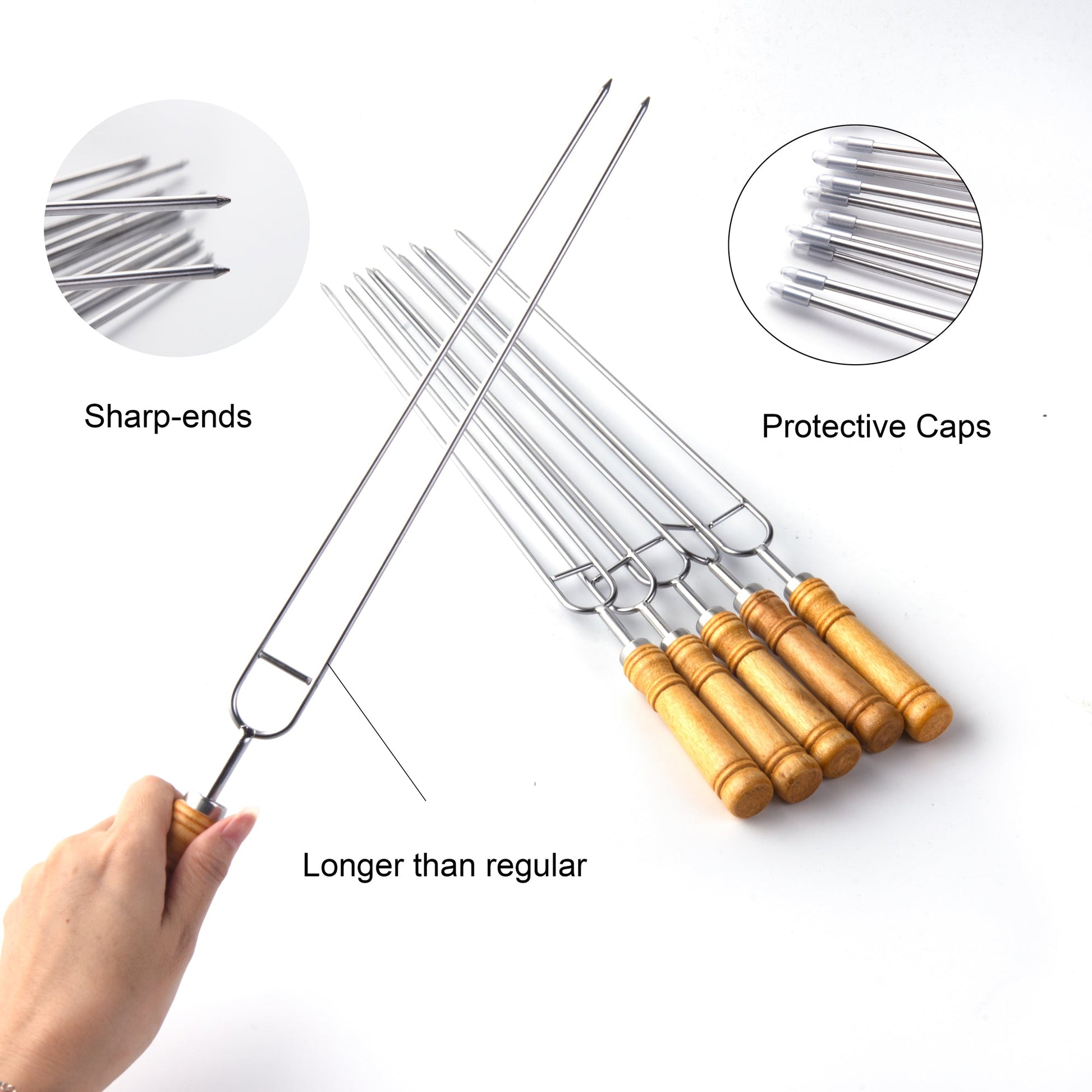 IMEEA 16.5inch / 42cm Double Skewers for Grilling Thickened Barbecue Skewers Stainless Steel Skewers for Kabobs BBQ Stick with Wood Handle - IMEEABBQ skewers