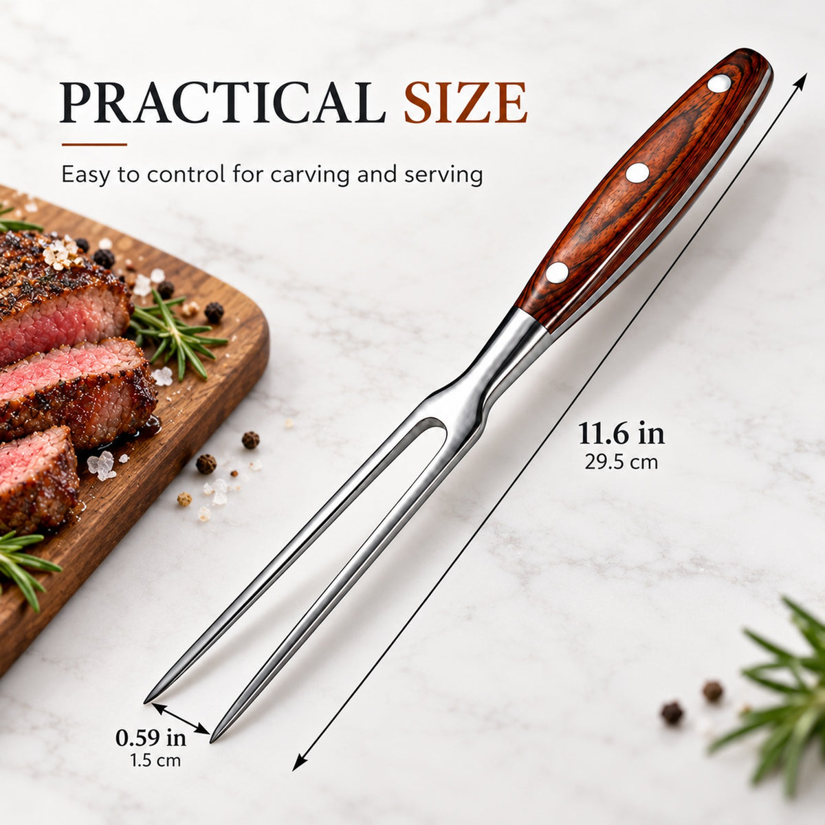 IMEEA carving fork dimensions showing 11.6 inch overall length and 0.59 inch spacing between tine tips