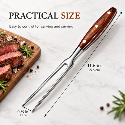 IMEEA carving fork dimensions showing 11.6 inch overall length and 0.59 inch spacing between tine tips