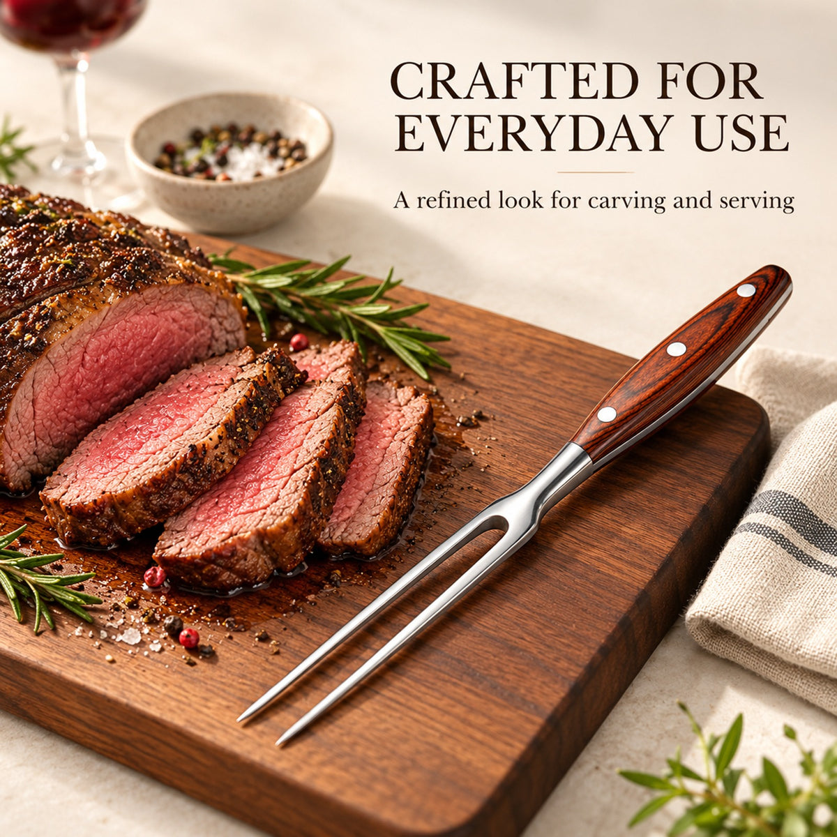 IMEEA carving fork with wooden handle holding roast beef steady while slicing with a carving knife