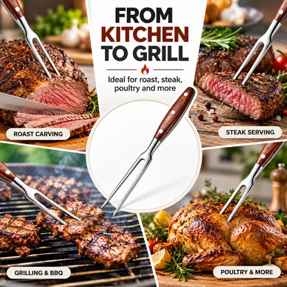 IMEEA stainless steel carving fork with wooden handle beside sliced roast beef on a wooden serving board