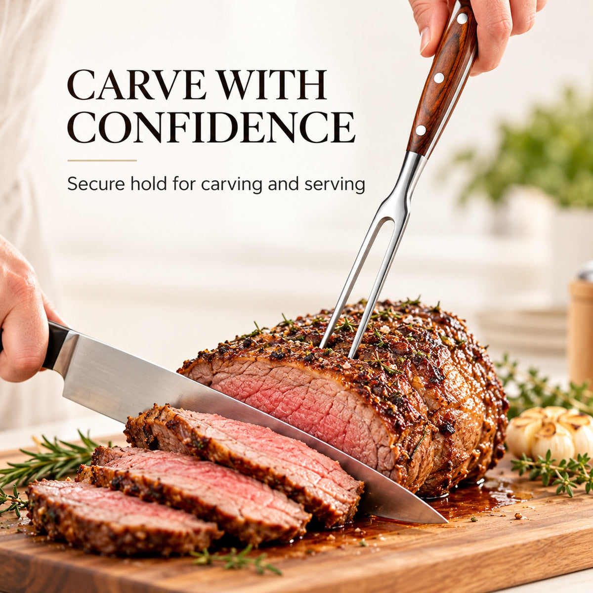 IMEEA carving fork with wooden handle holding roast beef steady while slicing with a carving knife
