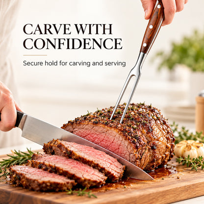 IMEEA carving fork with wooden handle holding roast beef steady while slicing with a carving knife