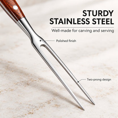 Close-up of IMEEA carving fork showing sturdy stainless steel tines and polished finish