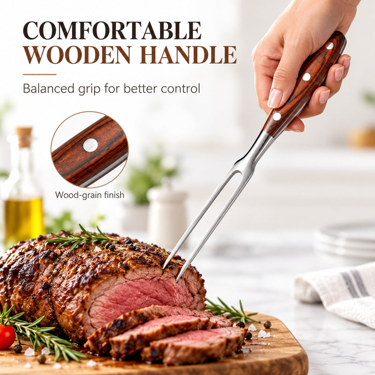 IMEEA meat carving fork with a three-rivet wooden handle held comfortably in hand